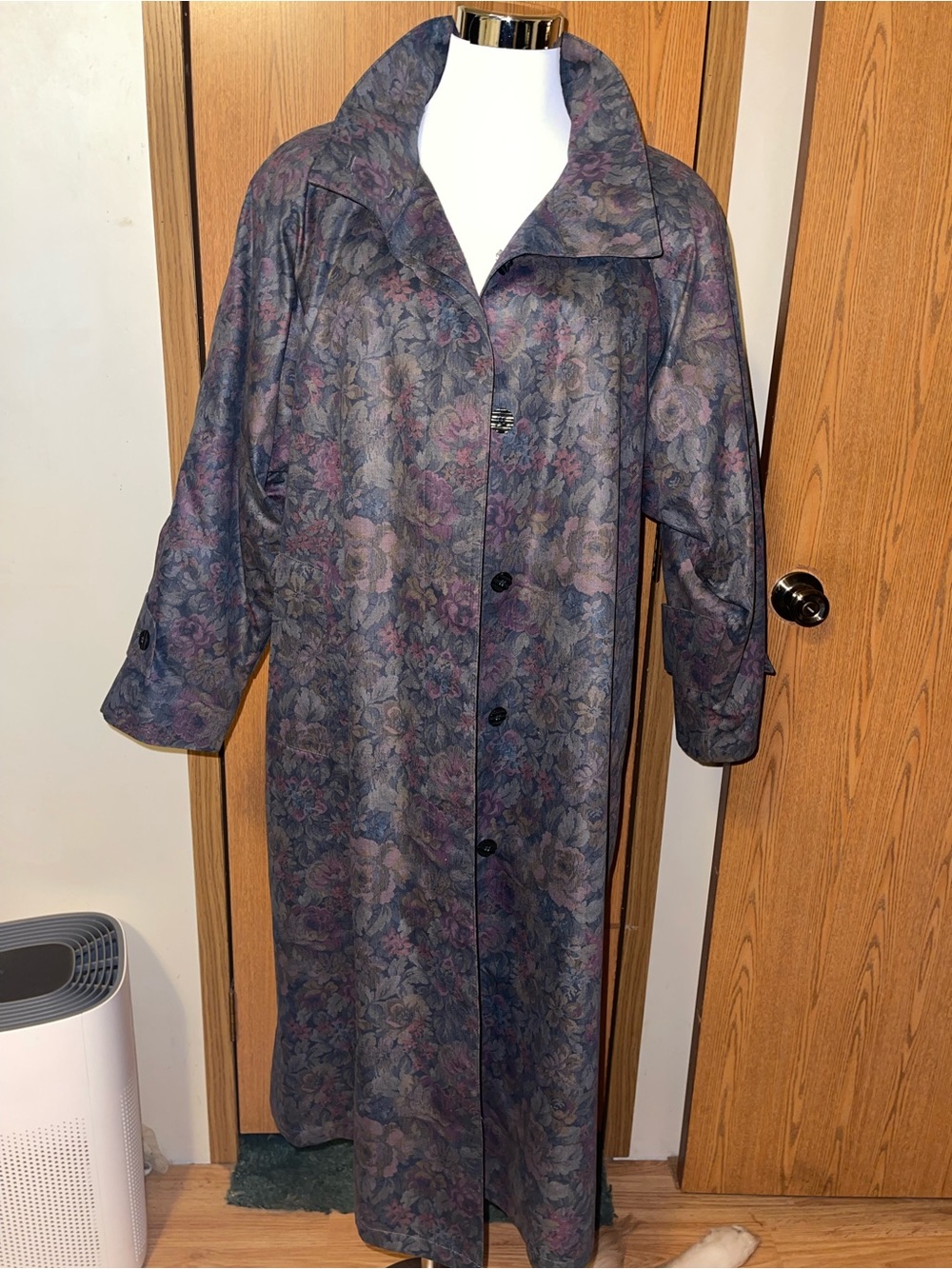 London Fog Floral Jacquard Long Trench Coat in Navy and Purple